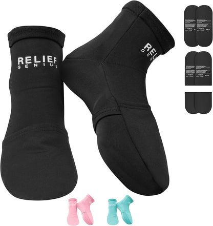 Relief Genius Cold Therapy Socks with Reusable Gel ice Packs - Achieve Relief from Sprains, Muscle Pain, Bruises, Swelling, Edema, Chemotherapy, Arthritis, Post Partum Foot (Black, Large)