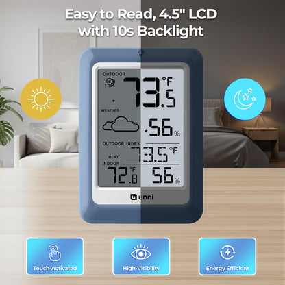Indoor Outdoor Thermometer Hygrometer Wireless Weather Station, Temperature Humidity Monitor Battery Powered Inside Outside Thermometers with 330ft Range Remote Sensor and Backlight Display