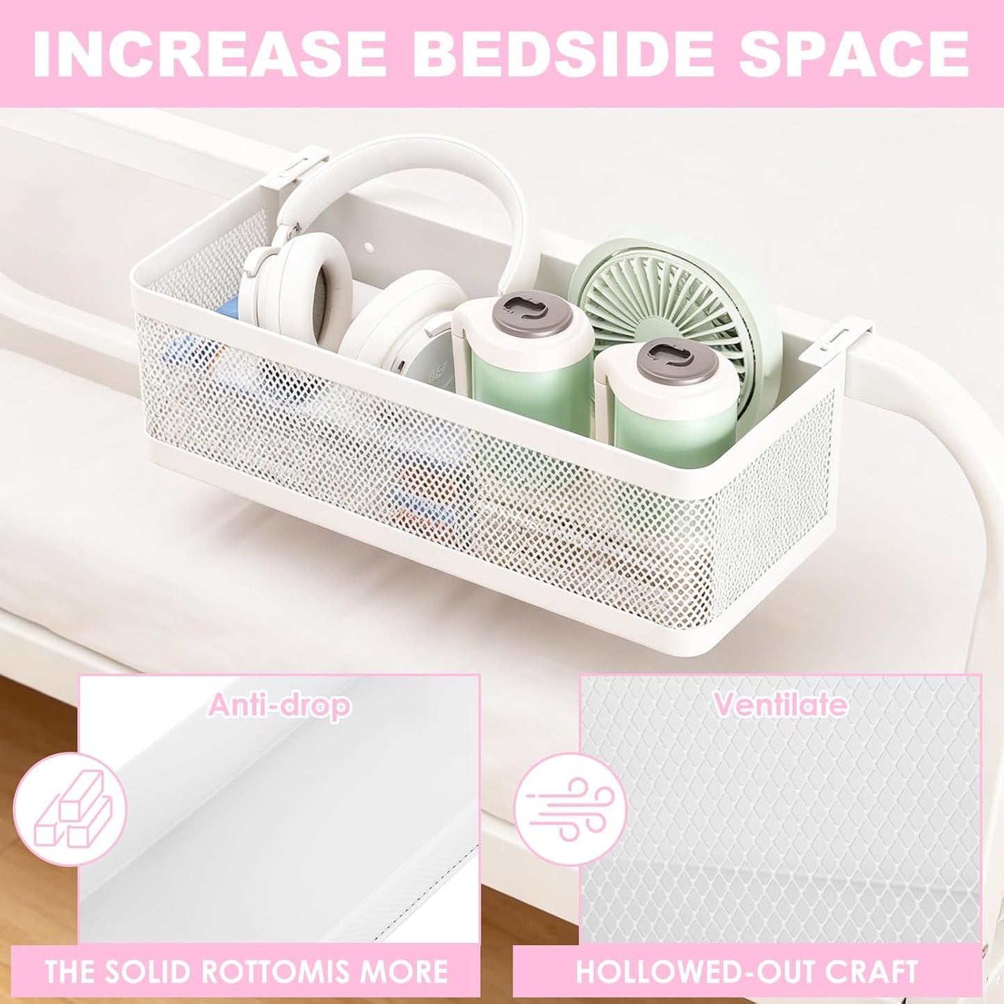 Bedside Caddy Shelf for Bunk Bed - Large Capacity Bed Caddy Organizer with Hooks for Office Cubicle Walls, Dorm Room Essentials, White, 14x5x4 Inch