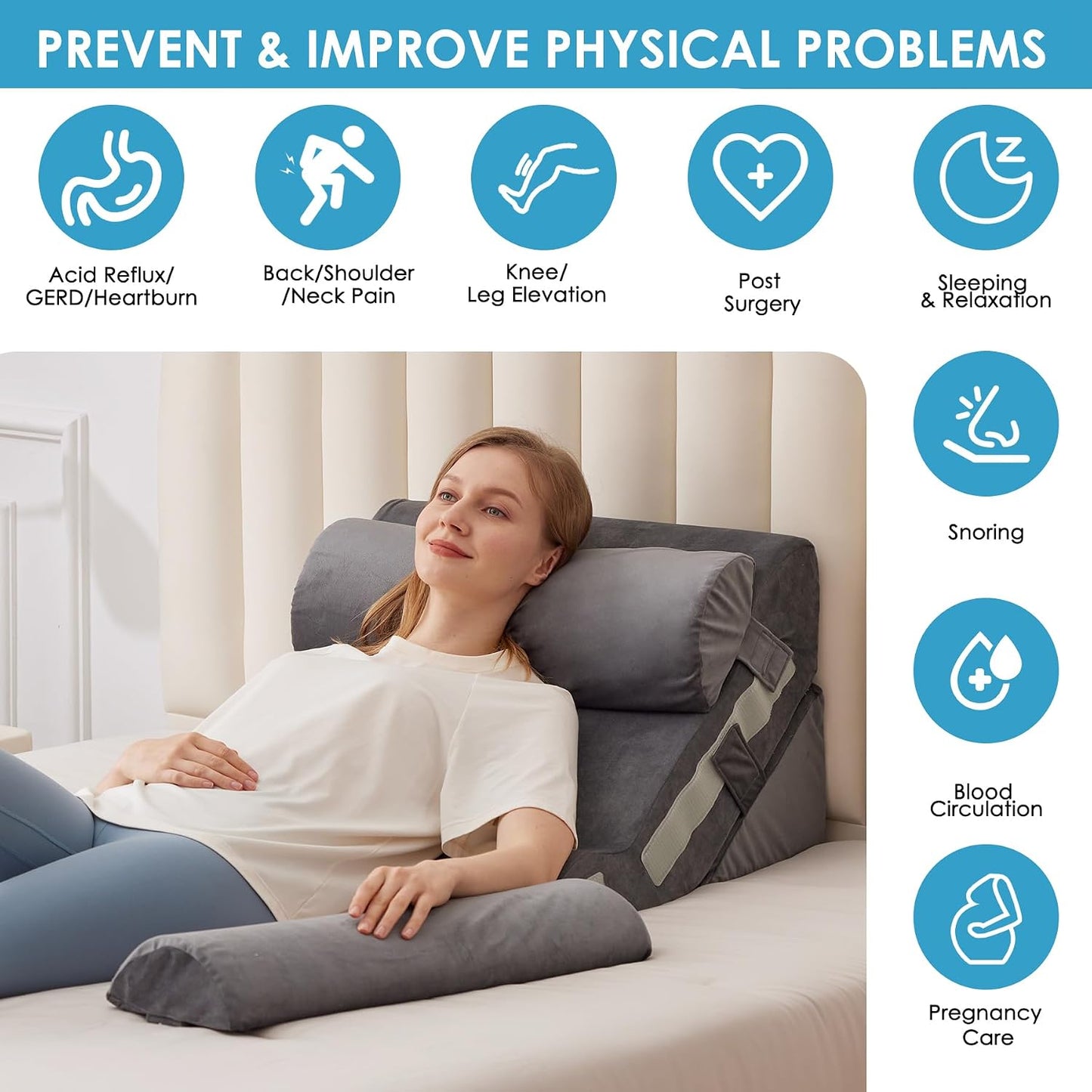 MEGCXIT 3PCS Bed Wedge Pillow for Headboard, Adjustable Wedge Pillow for Sleep Apnea, 23” Wide Triangle Pillow Wedge Set for After Surgery, Acid Reflux Relief, Snoring, Neck&Back Support, White/Grey