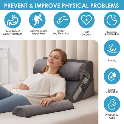 MEGCXIT 3PCS Bed Wedge Pillow for Headboard, Adjustable Wedge Pillow for Sleep Apnea, 23” Wide Triangle Pillow Wedge Set for After Surgery, Acid Reflux Relief, Snoring, Neck&Back Support, White/Grey