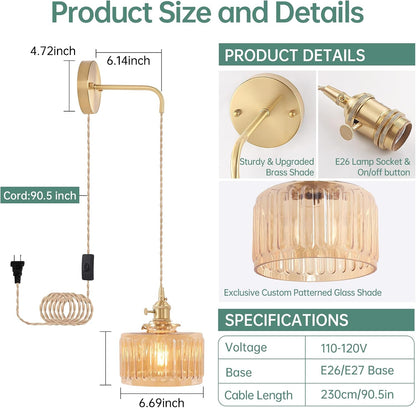 Shenmoyl Battery Operated Wall Sconce with Green Striped Shade Pattern Glass Adjustable Chain Retro Gold Wall Mounted Light, Modern Wall Lamp Fixtures Decor for Bedside Bedroom Indoor Doorway