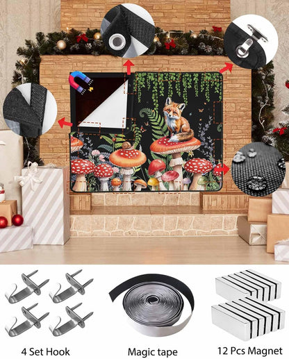 Magnetic Fireplace Cover Red Mushroom Fox Fireplace Screen Decorative Eucalyptus Leaves Butterfly Black Insulation Fireplaces Blocker Save Energy Fireplaces Draft Stopper Covers for Living Room 36x30