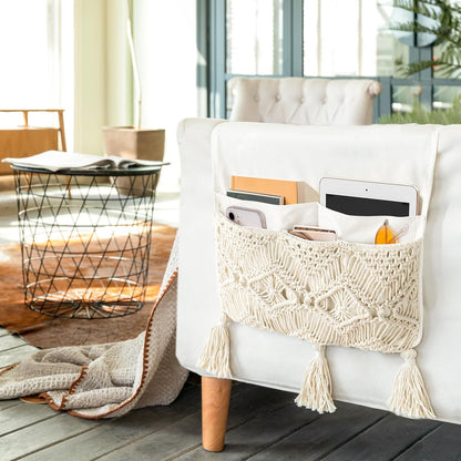 Mkono Macrame Armchair Caddy, Boho Couch Armrest Organizer, 4 Pockets Beige | Large, Sofa Bedside Caddy, Remote Control Magazine Phone Holder, Living Room Bedroom Dorm, Boho Decor, Space-Saving Storage