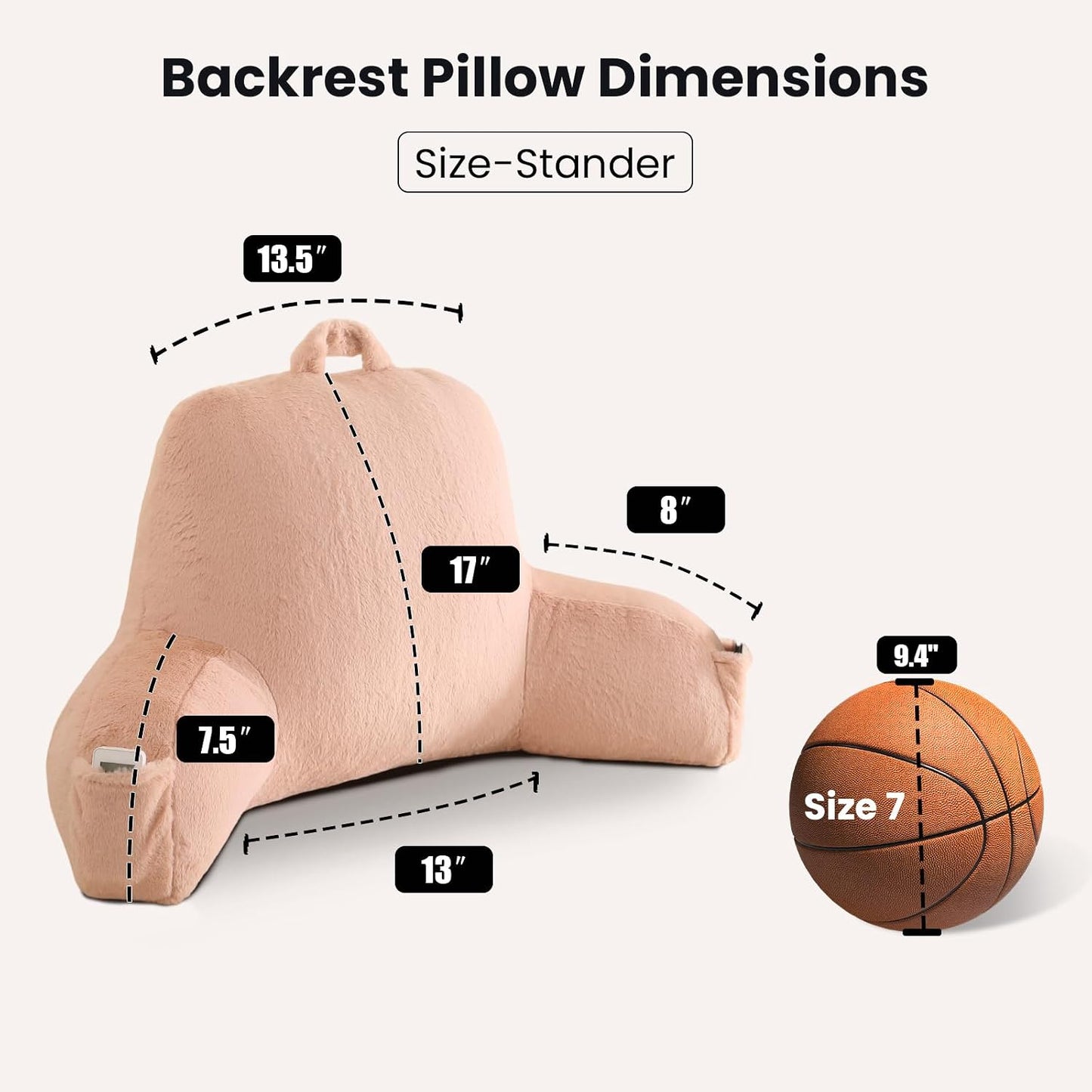 Reading Pillow with Arms for Sitting in Bed,Backrest,White Flannel,M | 17" Backrest Supports Back for College Students,Elbows & Forearms for Dorm Reading,Gaming,Watching TV