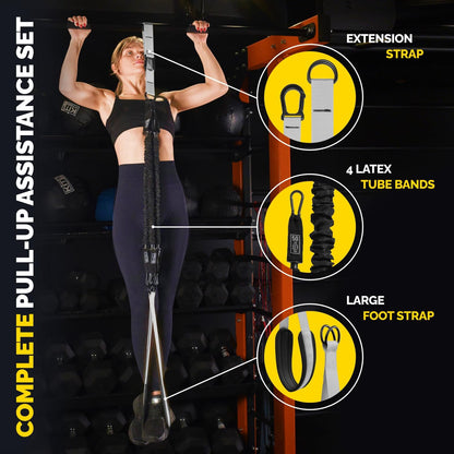 Pull Up Assistance Bands Set with 4 Levels, Adjustable Strap and Foot Rest | 50–200 lb stackable pull-up assistance, nylon-sleeved bands, adjustable support, reduced snap-back risk