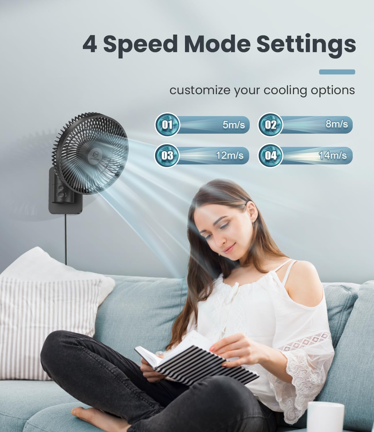 LEMOISTAR 8 Inch Small Wall Mounted RV Fan with Remote Control, 90° Oscillating, 4 Speeds, 4 Timer, Adjustable Tilt, 70 Inch Cord, Quiet, for Corner Bedroom Home Office Garage-Black