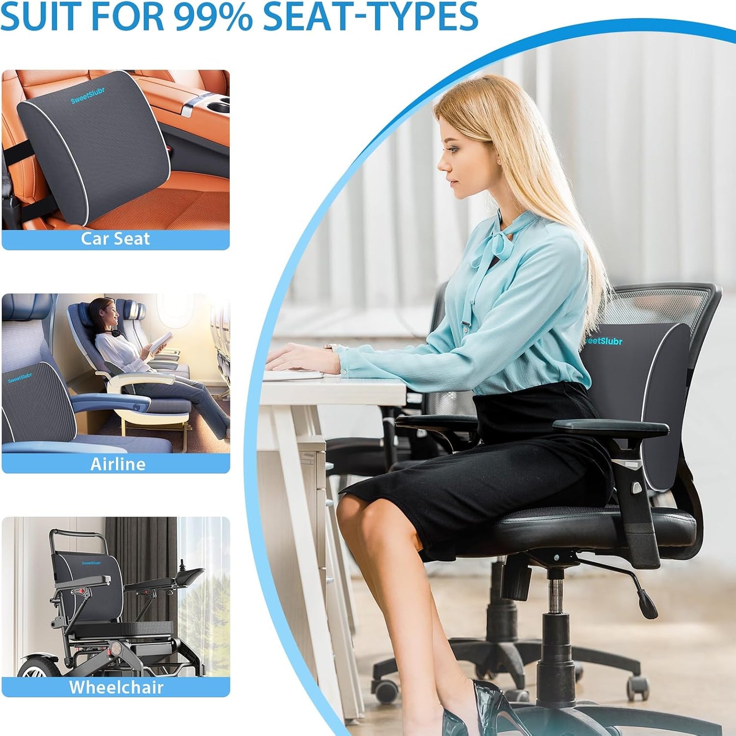 SweetSlubr Lumbar Support Pillow for Office Chair, Car & Gaming Chair, Ergonomic Memory Foam Cushion for Back Comfort, Zoned Back Support, Double Adjustable Straps, Breathable Washable Cover, Black