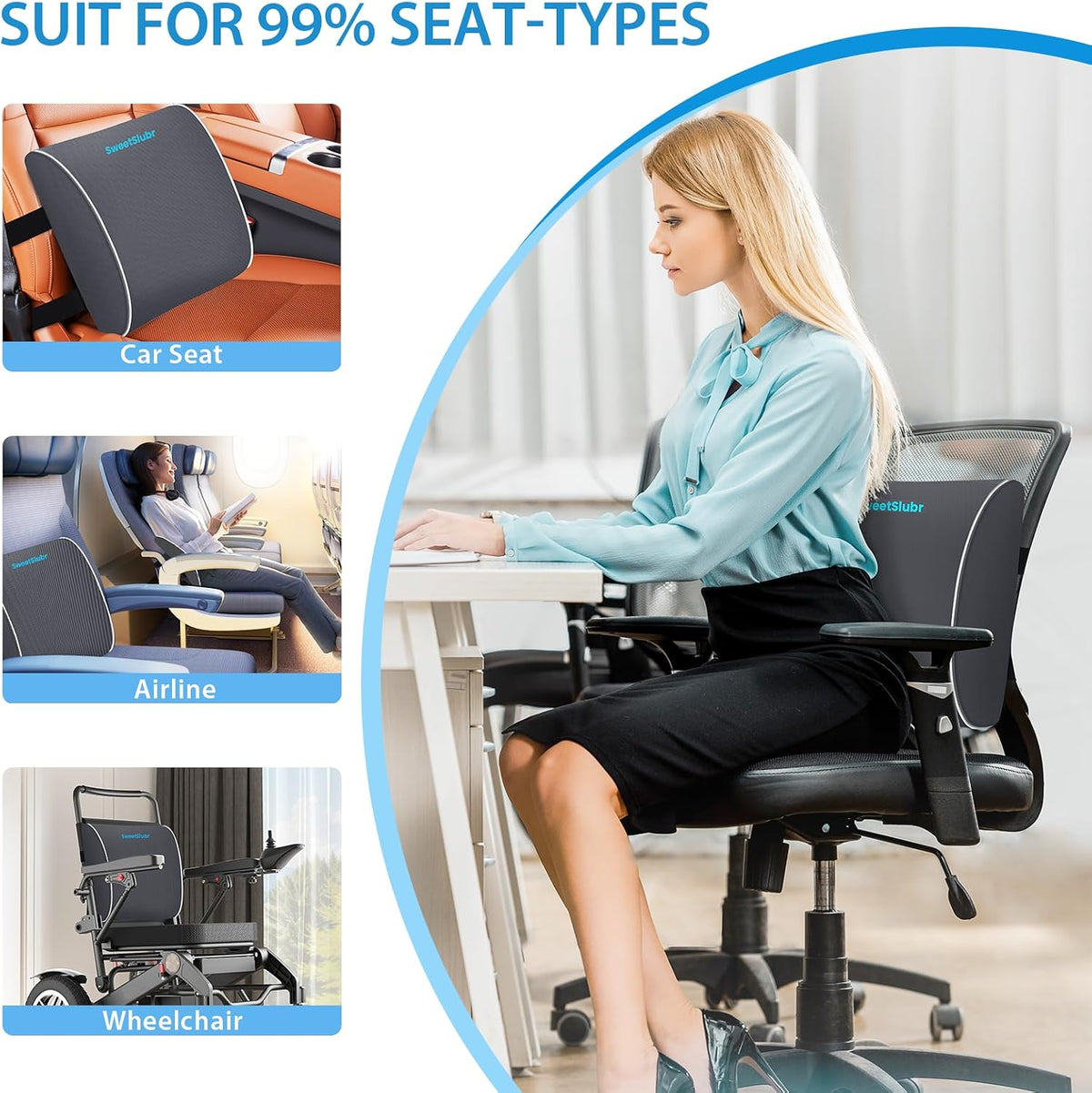 SweetSlubr Lumbar Support Pillow for Office Chair,Back Support(Black,Large)