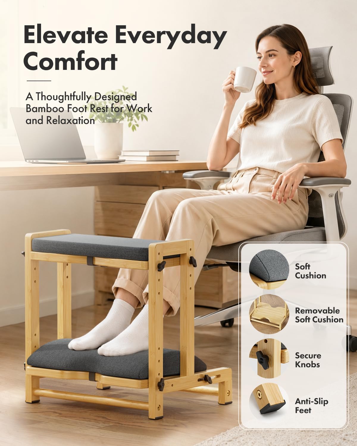 Amazer Bamboo Foot Rest for Under Desk at Work, 2-in-1 Reversible Rocking Footrest Adjustable Foot Stool, Ergonomic Footrest for Under Gaming Desk, Feet Support Leg Footstools for Home Office