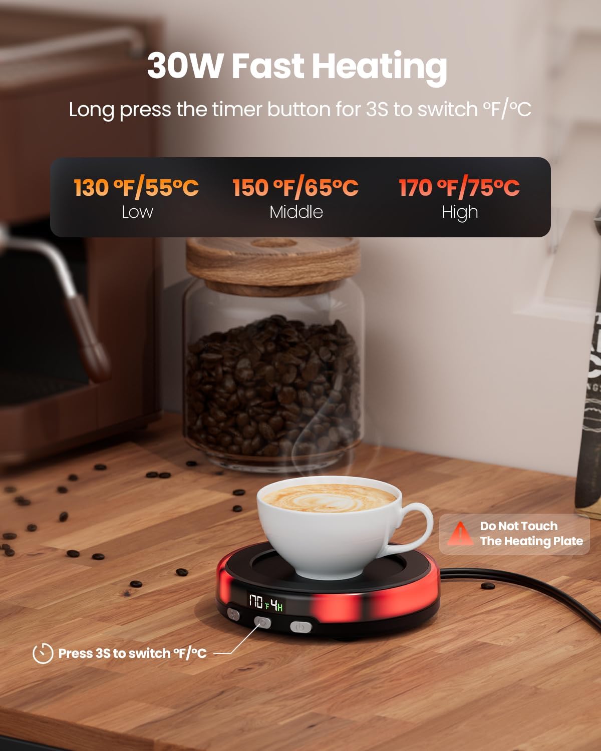 Gaiatop Coffee Mug Warmer for Desk, Beverage Heating Plate -Wood | 3 Temp Settings, 2-9Hrs Timer, 3 Color Light, Digital Display, Stocking Stuffers, for Candle Tea Milk