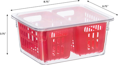 Oggi Berry Container for Fridge - Double Colander Basket - Ideal Berry Containers for Fridge, Includes Berry Colander Insert (8.75" x 6.75" x 3.75"), Red