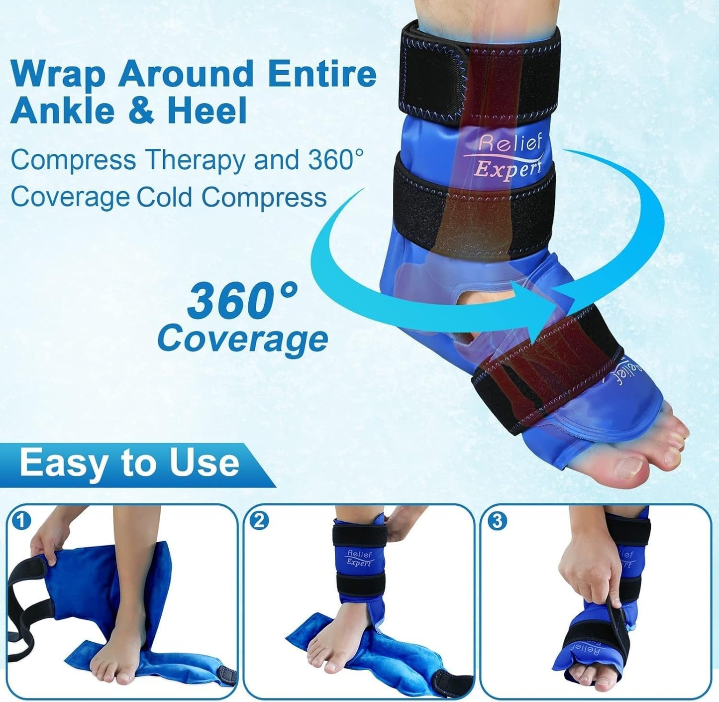 Relief Expert Ankle Ice Pack Wrap – Reusable Cold Gel Pack for Foot and Heel, Dual-Sided Design with Soft Plush Lining, Flexible Cold Compress for Achilles and Ankle Support, Blue