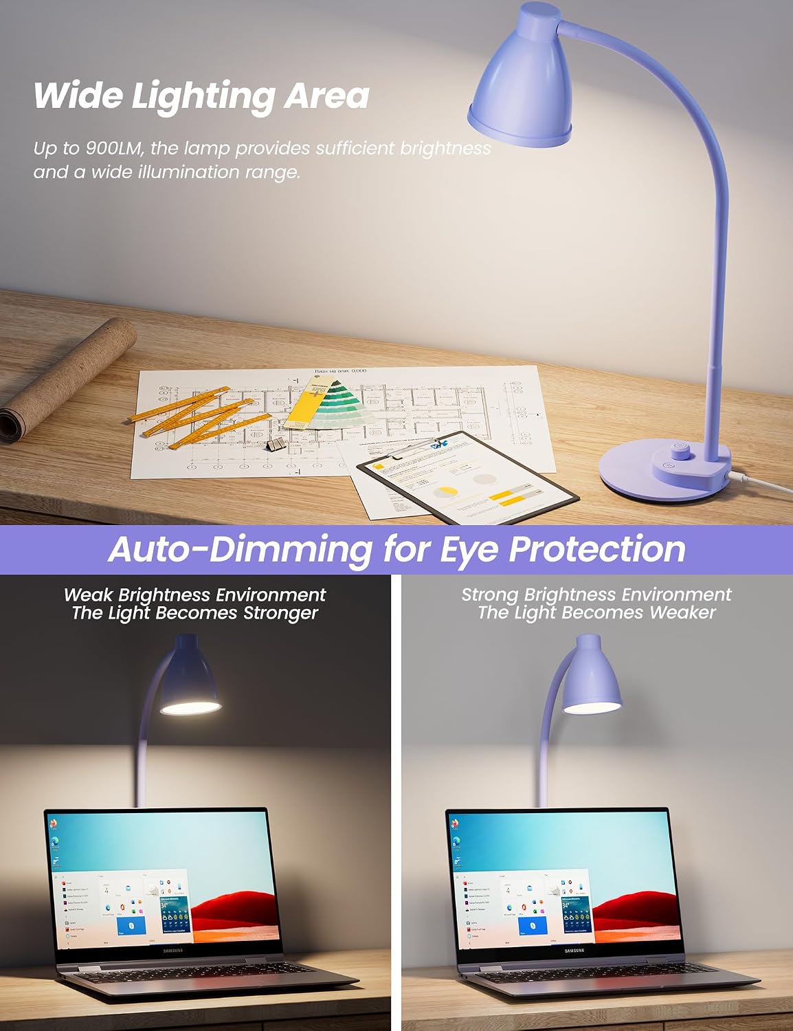 BOHON LED Desk Lamp with USB Charging Port 3 Color Modes Dimmable, Black | Reading Light Intelligent Induction Auto Dimming Task Lamp Neck Flexible Table Lamp for Bedside Office, AC Adapter Include
