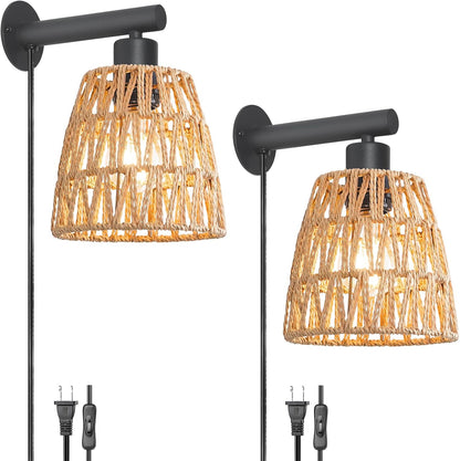 Boho Battery Operated Wall Sconces, Rattan Wall Sconce Set of 2 with Remote, RGB 15 Colors Dimmable Rechargeable Wall Light, Black Indoor Wireless Wall Lamp, Farmhouse Rattan Wall Lighting for Bedroom