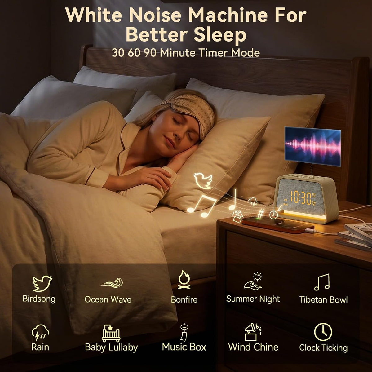 Vivilumens Dual Alarm Clock Wooden 20 White Noise Sound Machine