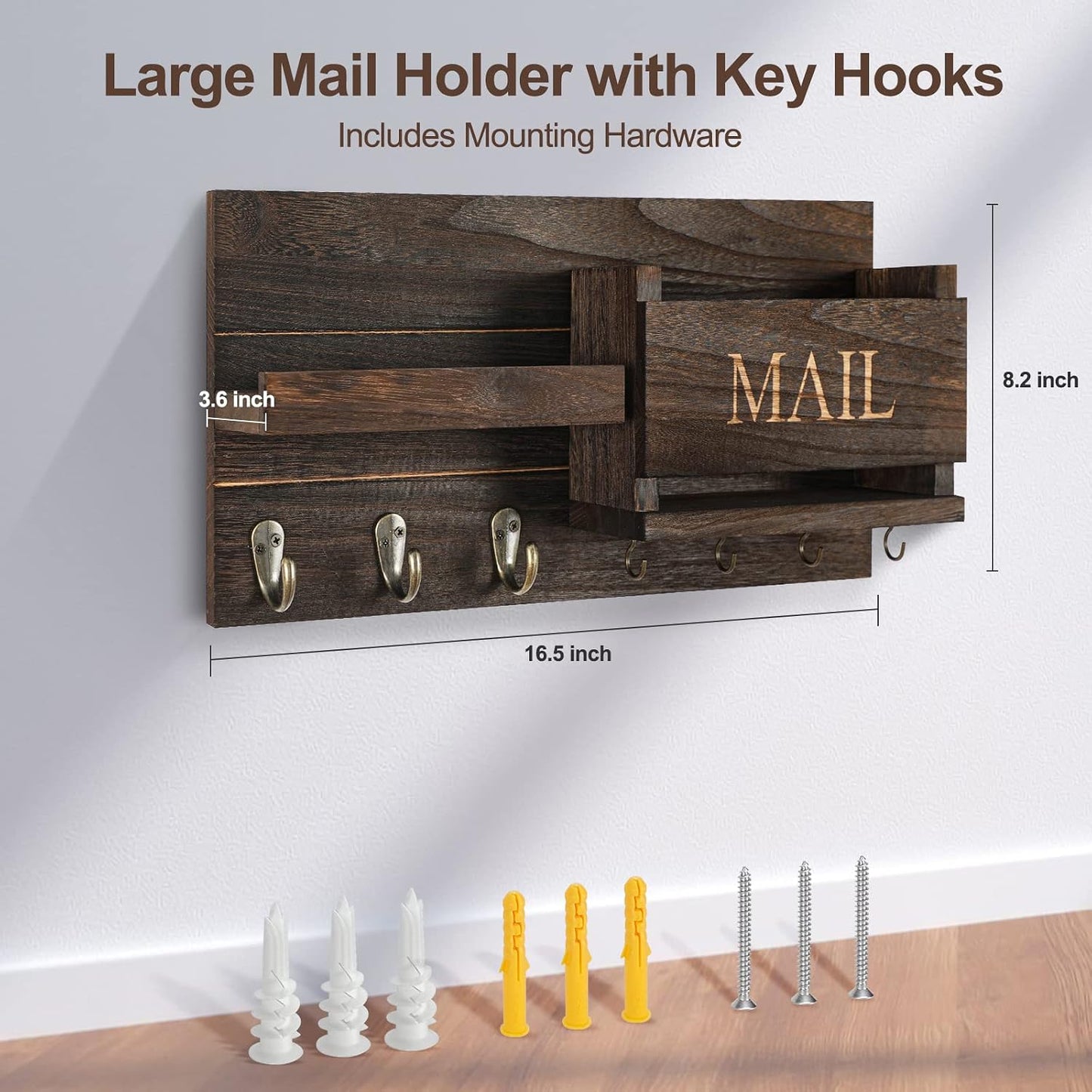 Lwenki Mail Organizer for Wall Mount – Key Holder with Shelf Includes Letter Holder and Hooks for Hallway Farmhouse Decor – Rustic Wood with Flush Mounting Hardware (16.5” x 9.1” x 3.4”) (White)