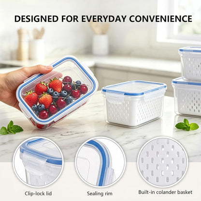 3 Pack Fruit Storage Containers for Fridge with Removable Colander and Lids | Fruit Containers for Fridge, Produce Containers for Fridge for Berry, Lettuce, Salad, Microwave and Dishwasher Safe