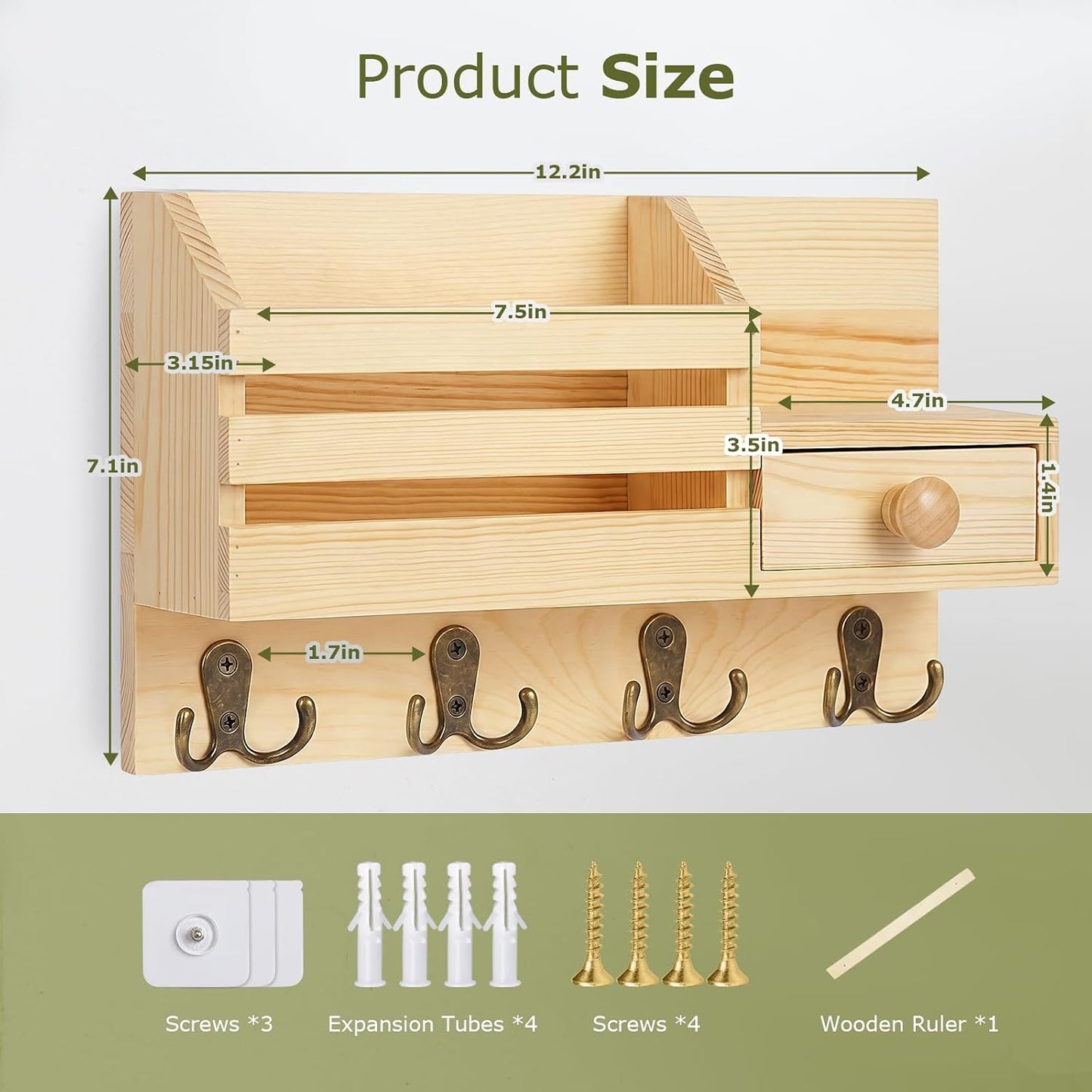 Key Holder Wall Mount, Wooden Key and Mail Organizer, Black | 2 Mount Options, Includes 8 Hooks, Fence Mail Slot, Small Drawer and Shelf, for Entryway, Hallway, Doorway, Living Room, RV