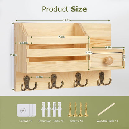 Key Holder Wall Mount, Wooden Key and Mail Organizer, Black | 2 Mount Options, Includes 8 Hooks, Fence Mail Slot, Small Drawer and Shelf, for Entryway, Hallway, Doorway, Living Room, RV