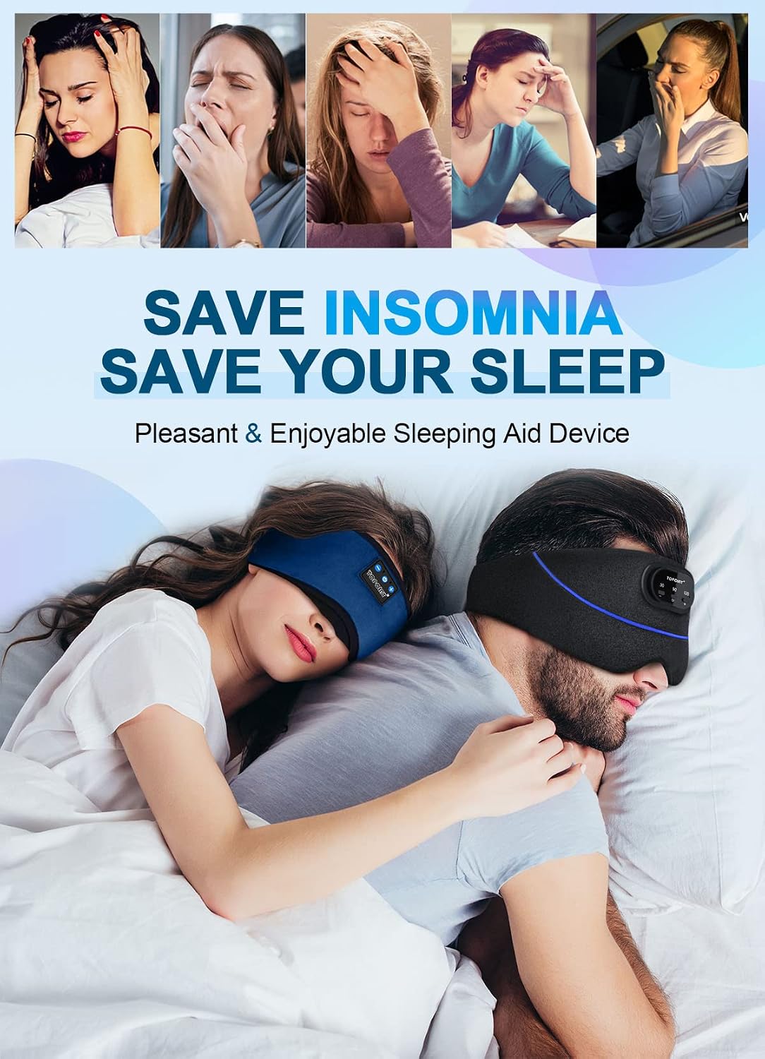 TOPOINT Sleep Mask Headphones Bluetooth Wireless 5.4, Breathable Cotton Eye Mask for Sleeping Side Sleepers Travel Music Headsets with Microphone Handsfree Men Women