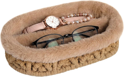 Glasses Holder, Anti-scratch Plush Lined Eyeglass Holder Stand | Oval Eye-glasses Storage Organizer Case for Nightstand, Office Desk, Bedside Table, Beige
