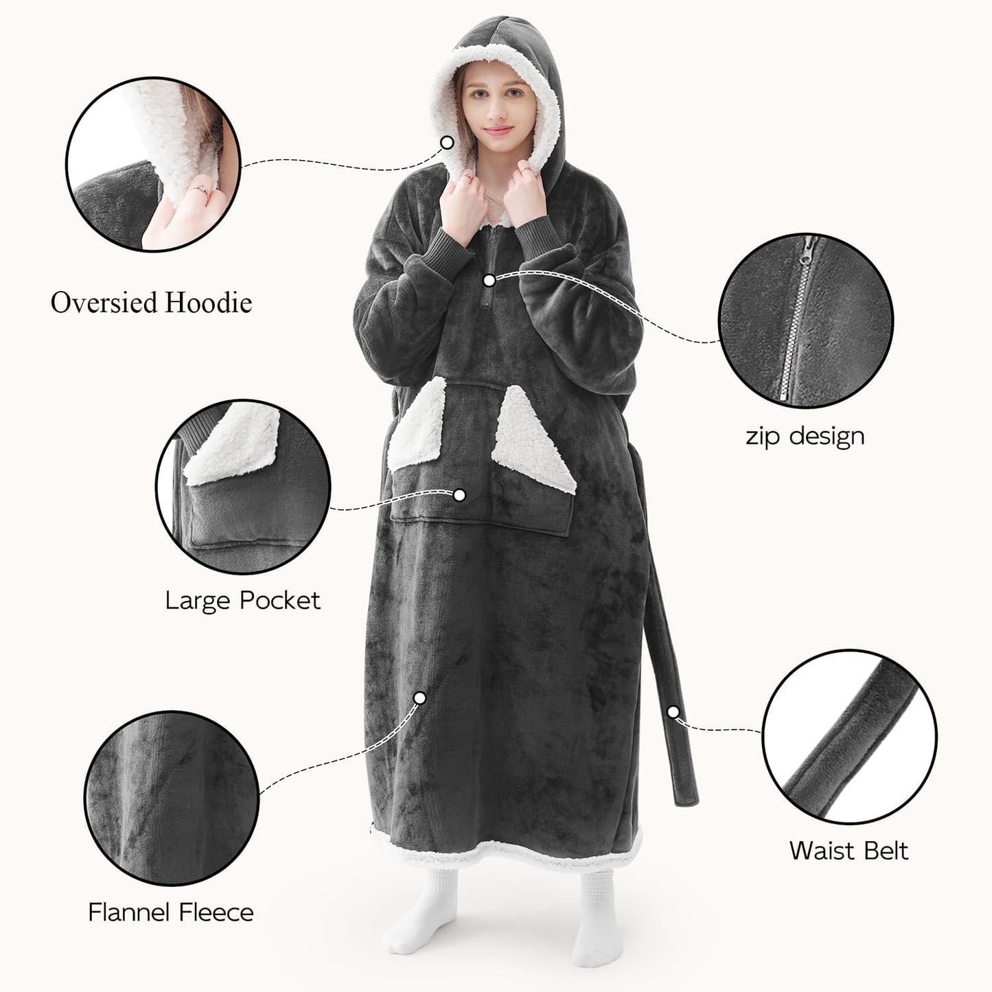Wearable Blanket Hoodie, Oversized Sherpa Fleece Sweatshirt Blanket with Giant Hood Pocket and Sleeves for Adult, Warm & Cozy Grey Blanket Gifts for Women