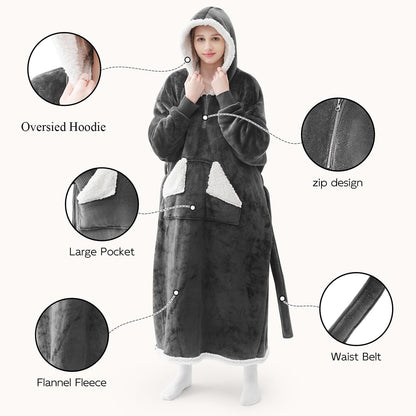 Wearable Blanket Hoodie, Oversized Sherpa Fleece Sweatshirt Blanket with Giant Hood Pocket and Sleeves for Adult, Warm & Cozy Grey Blanket Gifts for Women