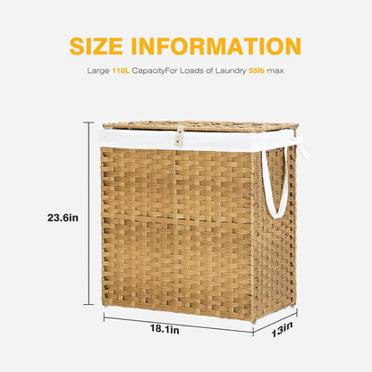 NEWBULIG Laundry Hamper Sorter with Wheels, Rolling Laundry Basket with Shelf & Removable Pull-Out Bag, Dirty Clothes Hamper for Room Organizer, 3 x 10.6 Gal (120L) - Rustic Brown and Black