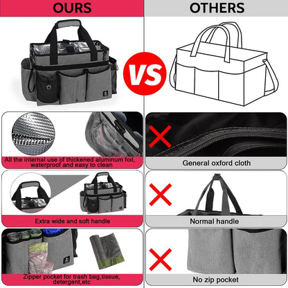 Large Cleaning Caddy Bag Built-in hard plastic sheet Aluminum foil lining | Waterproof nylon, aluminum foil lining, detachable dividers, dual straps for housekeepers