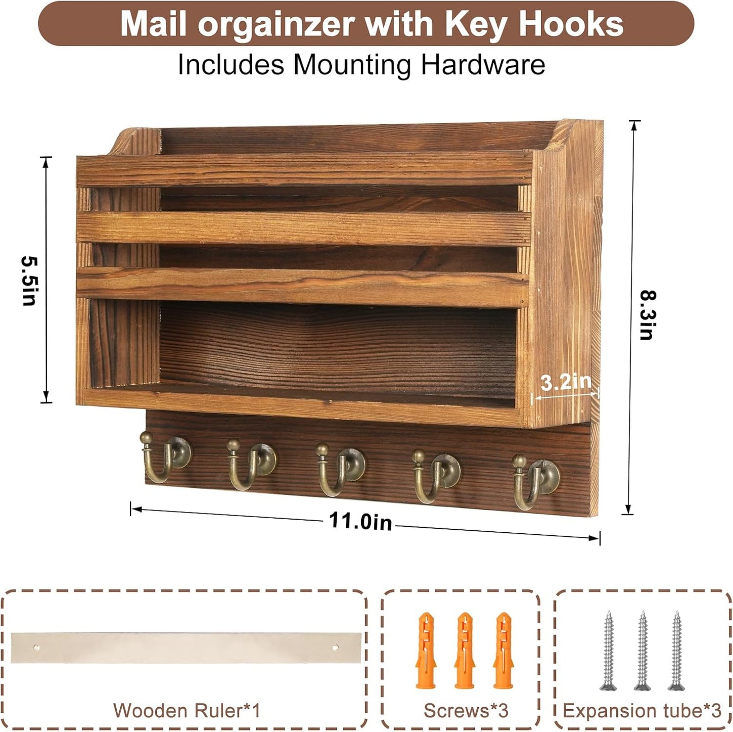 Key Holder Wall Mount with Mail Organizer, 5 Key Hooks, Brown | Wood Mail Organizer Wall Mounted with 5 Key Hooks & Storage Box and Mail Organizer for Entryway, Apartment, Home and Office