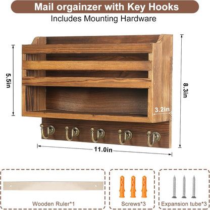 Key Holder Wall Mount with Mail Organizer, 5 Key Hooks, Brown | Wood Mail Organizer Wall Mounted with 5 Key Hooks & Storage Box and Mail Organizer for Entryway, Apartment, Home and Office