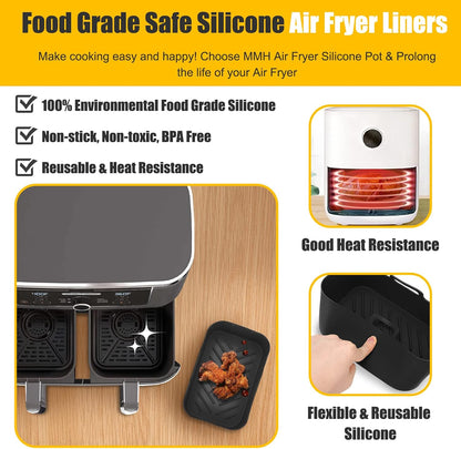 2Pcs Air Fryer Silicone Liners Rectangular for Ninja Foodi Dual DZ201 8QT | DZ090 6QT/Ninja DoubleStack SL201 8QT, MMH Reusable Airfryer Pot Baking Basket | Non-stick | Easy Cleaning | Food Safe | Gray