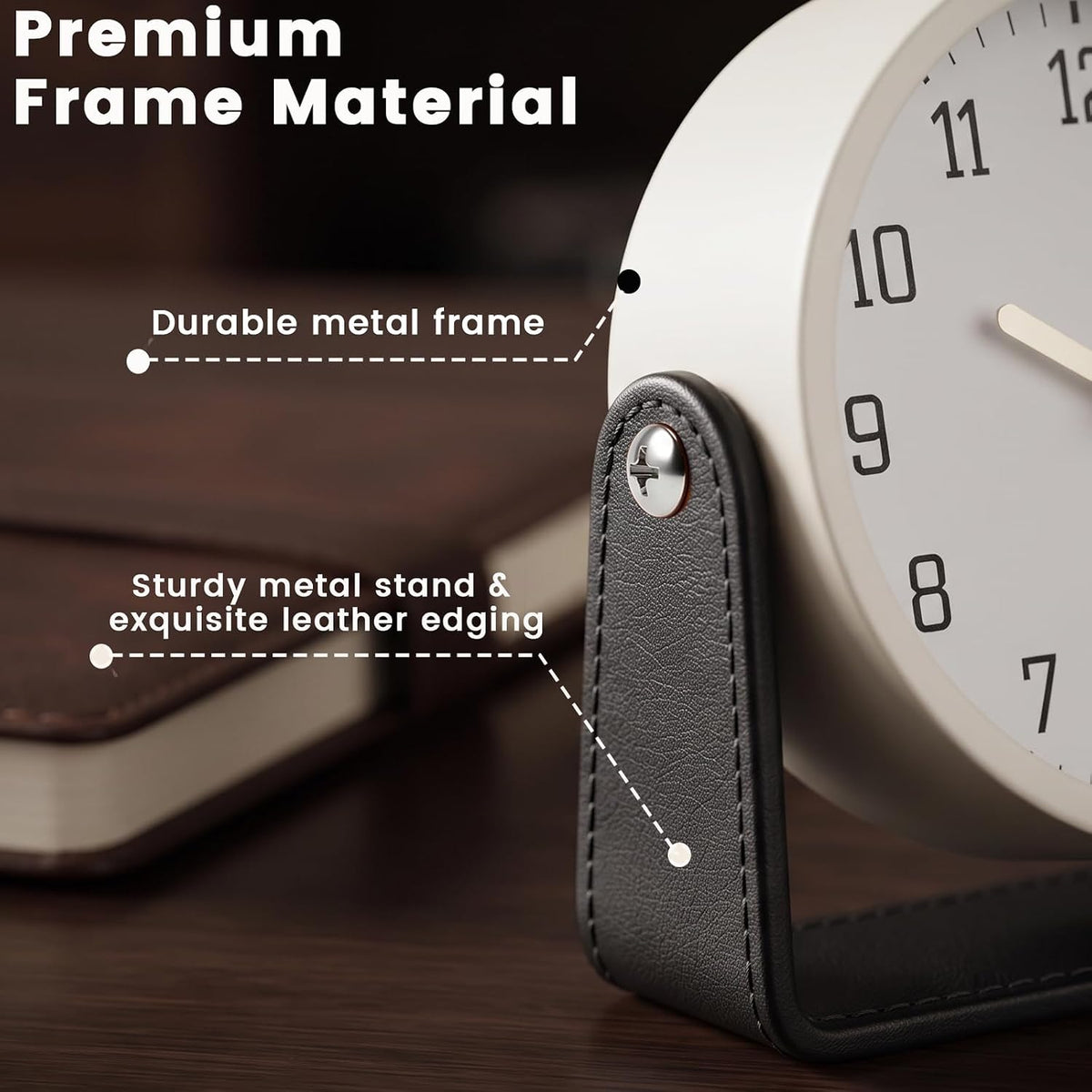 Analog Alarm Clock - 4.5" Silent Non Ticking Small Clock with Light, Rotatable Stand Metal Desk Clock Battery Operated, Simple Design for Living Room Decor/ Bedroom/Bedside/Shelf (Black & White)