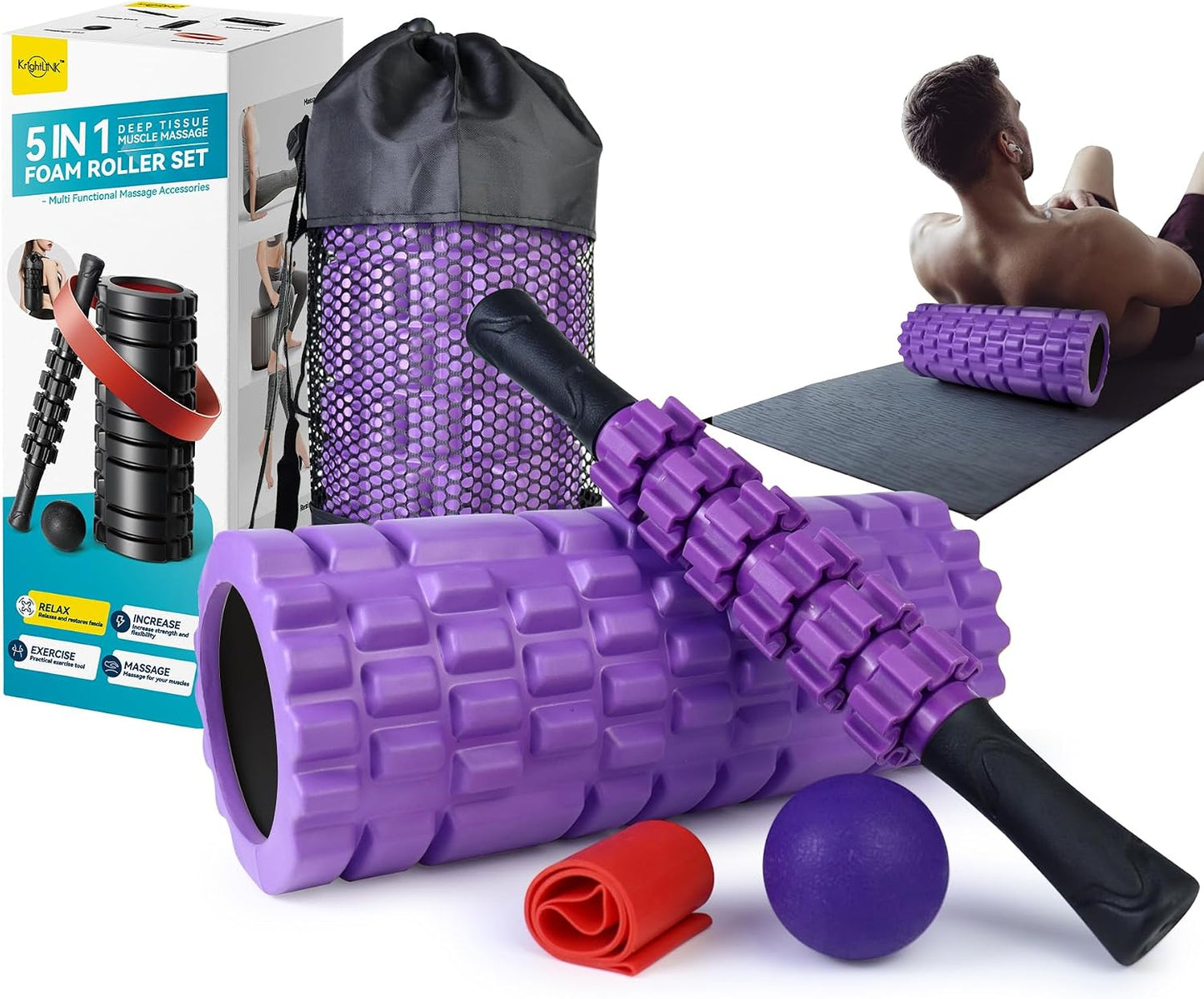 Krightlink 5-in-1 Foam Roller Set High Density Deep Tissue Muscle Massage | Muscle Recovery Kit Exercise Roller, Massage Ball, Resistance Band & Carry Bag for Physical Therapy & Pain Relief Black
