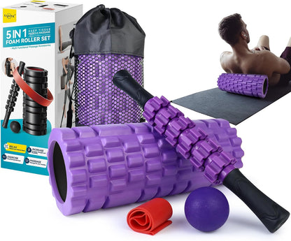 Krightlink 5-in-1 Foam Roller Set High Density Deep Tissue Muscle Massage | Muscle Recovery Kit Exercise Roller, Massage Ball, Resistance Band & Carry Bag for Physical Therapy & Pain Relief Black