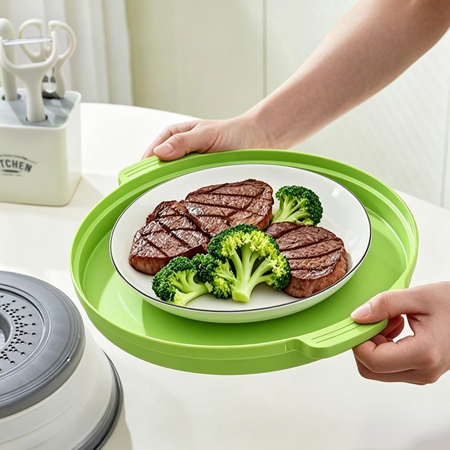Microwave Splatter Cover with Anti-Scald Tray, 10.7" Collapsible - Red | Collapsible microwave food cover with an anti-scald tray. Fits most plates up to 10.7 inches and helps reduce food splatter.
