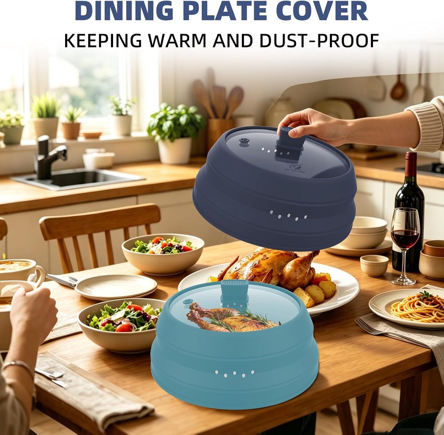 Microwave Splatter Cover Glass Guard Lid with Collapsible Silicone for Food Pot Plate Cover 9.8 inch Dark Blue