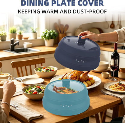 Microwave Splatter Cover Glass Guard Lid with Collapsible Silicone for Food Pot Plate Cover 9.8 inch Dark Blue