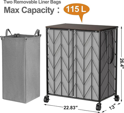 WOWLIVE Laundry Hamper 3 Section with Lid, 142L Laundry Basket with Wheels | Rolling Dirty Clothes Hamper with Removable Bags, Large Iron-Made Laundry Basket Organizer Laundry Sorter for Dorm, Beige