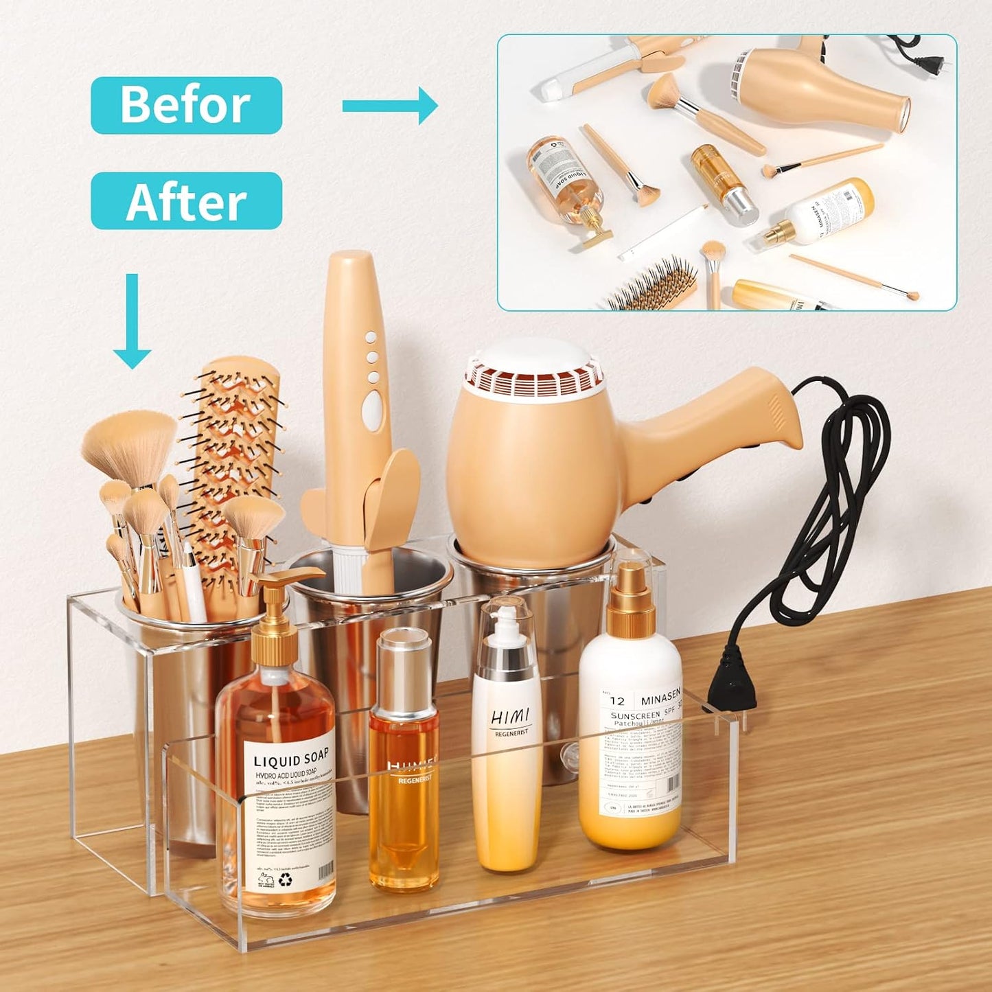 Hair Tool Organizer, Acrylic Hair Dryer Holder, Bathroom Countertop Blow Dryer Stand Storage, Vanity Organizer for Accessories, Makeup, Flat Irons, Curling Irons, and Toiletries (White)