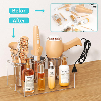 Hair Tool Organizer, Acrylic Hair Dryer Holder, Bathroom Countertop Blow Dryer Stand Storage, Vanity Organizer for Accessories, Makeup, Flat Irons, Curling Irons, and Toiletries (White)