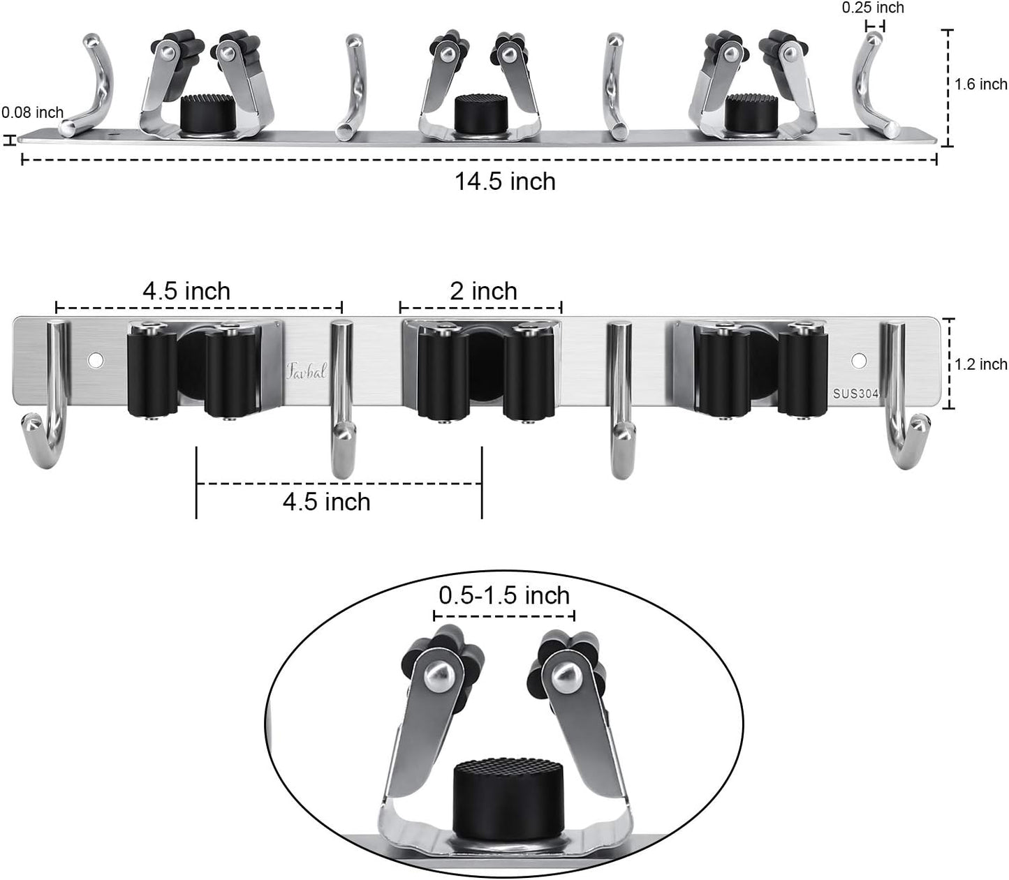 Broom Hanger Wall Mounted, 2PCS Mop and Broom Holder Wall Mount Garage Organization and Storage Stainless Steel Kitchen Tool Organizer Wall Hanger for Laundry Room Garden Garage Closet Kitchen | Stainless Steel Organizer for Garage, Kitchen, Closet &