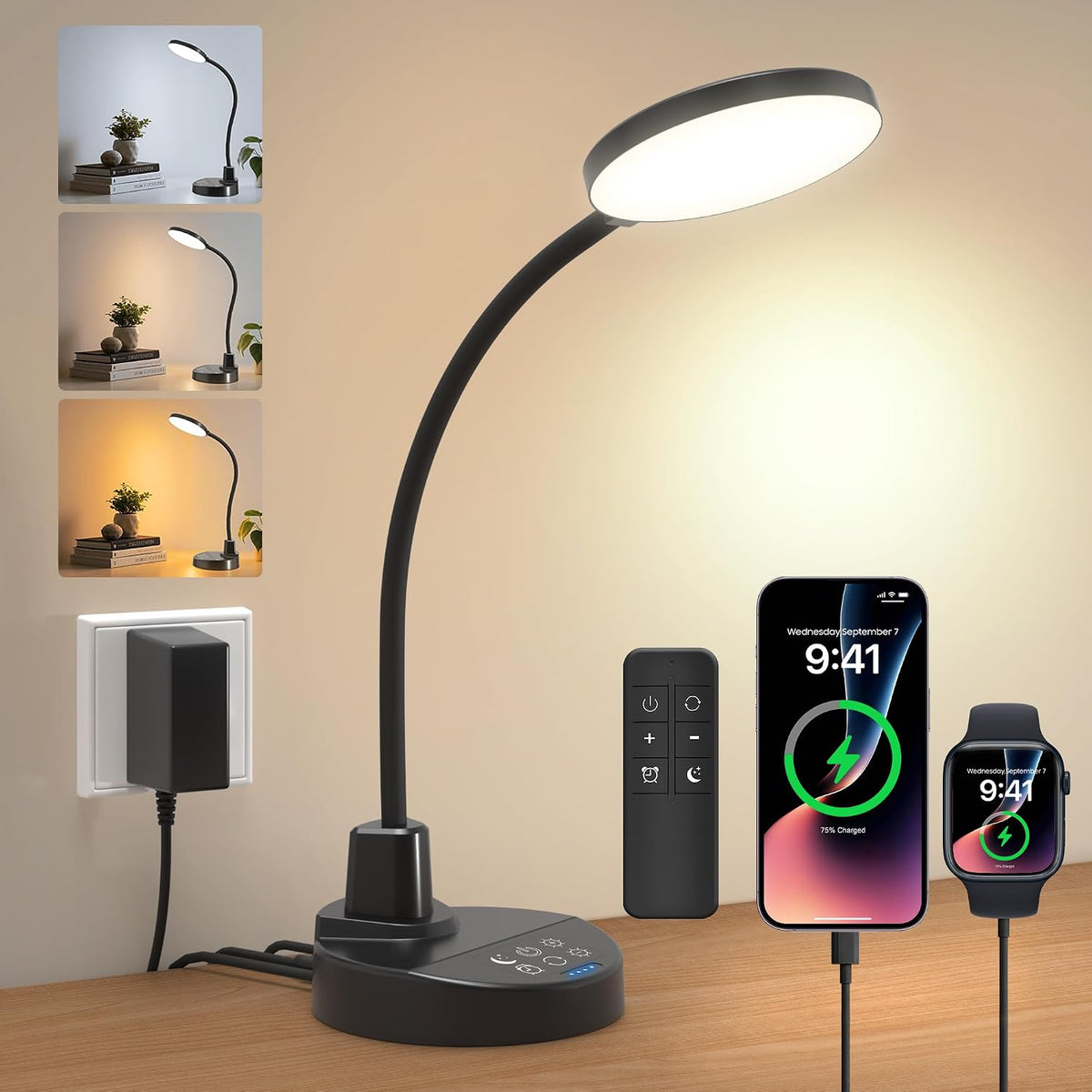 15W LED Desk Lamp with USB Charging Ports – Dimmable Table Lamp with 3 Color Temps, 5 Brightness, 4 Timers, Flexible Gooseneck Light with Base, Eye-Caring Reading Light for Home Office, Bedroom, Study