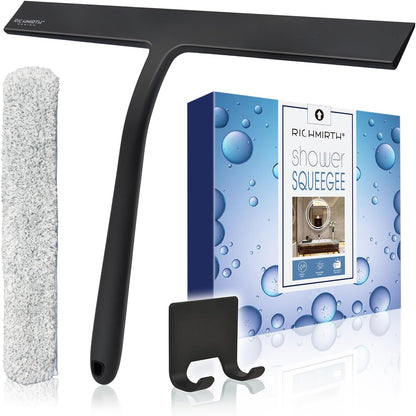 12 Inch Silicone Shower Squeegee for Glass Doors with Microfiber Cloth & Hook, Streak-Free Window Cleaner for Bathroom Mirror Tile Car, No-Scratch Squeegee with Rustproof Metal Core (Black)