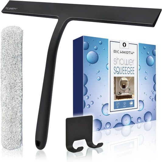 12 Inch Silicone Shower Squeegee for Glass Doors with Microfiber Cloth & Hook, Streak-Free Window Cleaner for Bathroom Mirror Tile Car, No-Scratch Squeegee with Rustproof Metal Core (Black)