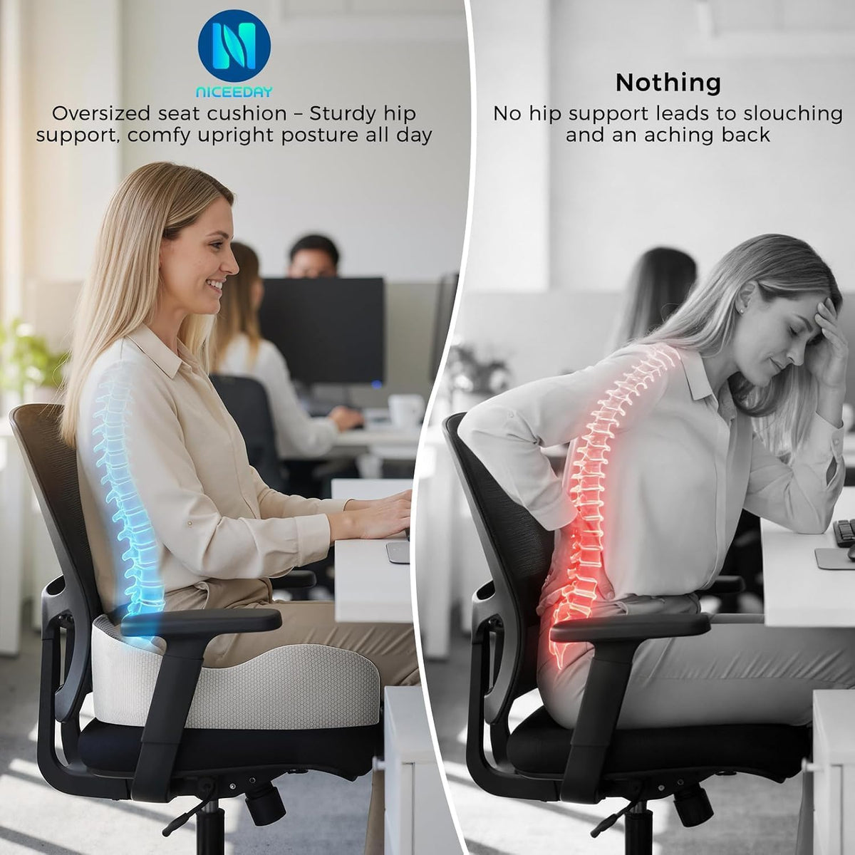 Office Chair Seat Cushion, Adjustable Height Memory Foam Cushion with Coccyx Cutout,Thick Ergonomic Seat Pad for Long Sitting, Tailbone Support for Desk Chair, Washable Cover
