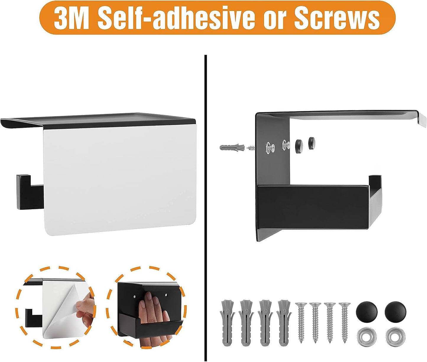 HITSLAM Toilet Paper Holder Matte Black, Adhesive Wall Mount, No Rotation | Heavy Duty Metal | anti rotation slot | vertical or horizontal setup |rustproof matte black finish|Bathroom Tissue Dispenser