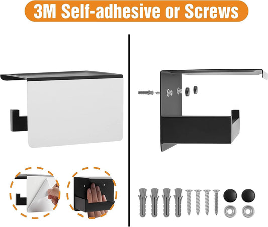 HITSLAM Toilet Paper Holder Matte Black, Adhesive Wall Mount, No Rotation | Heavy Duty Metal | anti rotation slot | vertical or horizontal setup |rustproof matte black finish|Bathroom Tissue Dispenser