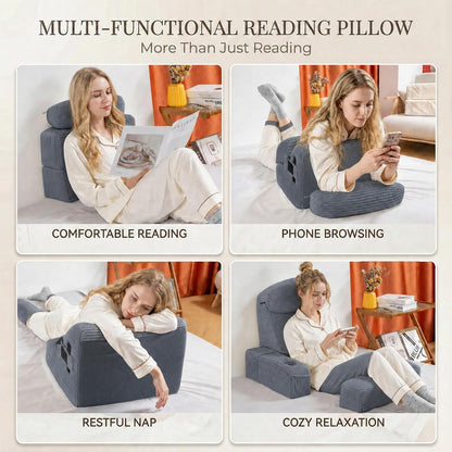 21 INCH Reading Pillow for Adults, Back Pillow for Bed Sitting Up, Backrest Pillow for Sitting in Bed, Detachable Arms with Built-in Cup & Phone Caddy (Gray, 21 INCH)